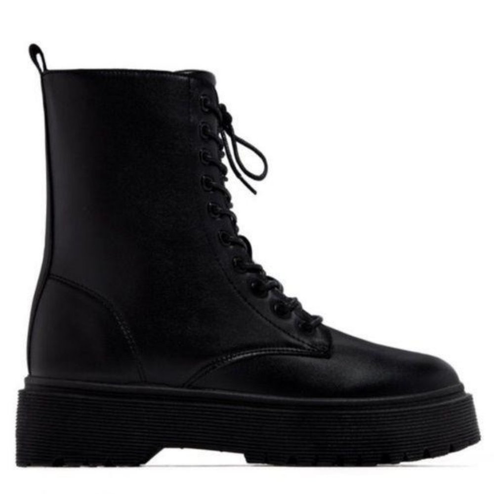 Black Faux Leather Combat Boots - Picture 3 of 7